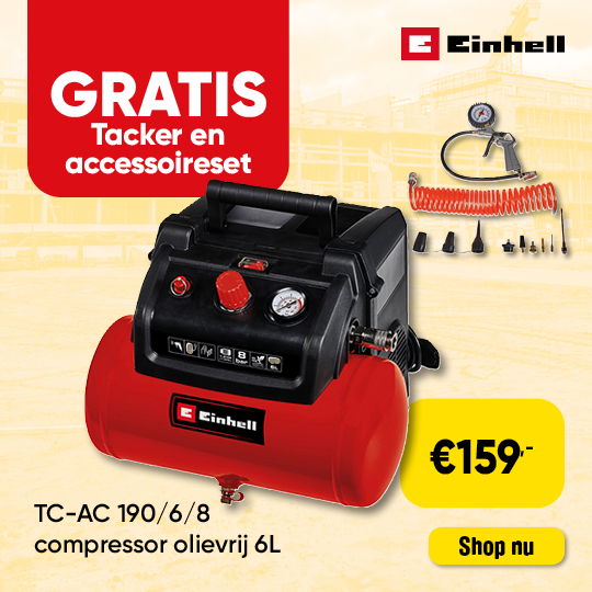 Dealsblock | Einhell compressor olievrij gratis tacker en accessoireset D0737