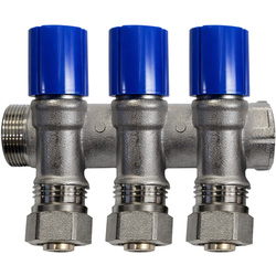 - / Verdeler met afsluitkraan en knelkoppelingen 3/4MF - 2x16mm blauw