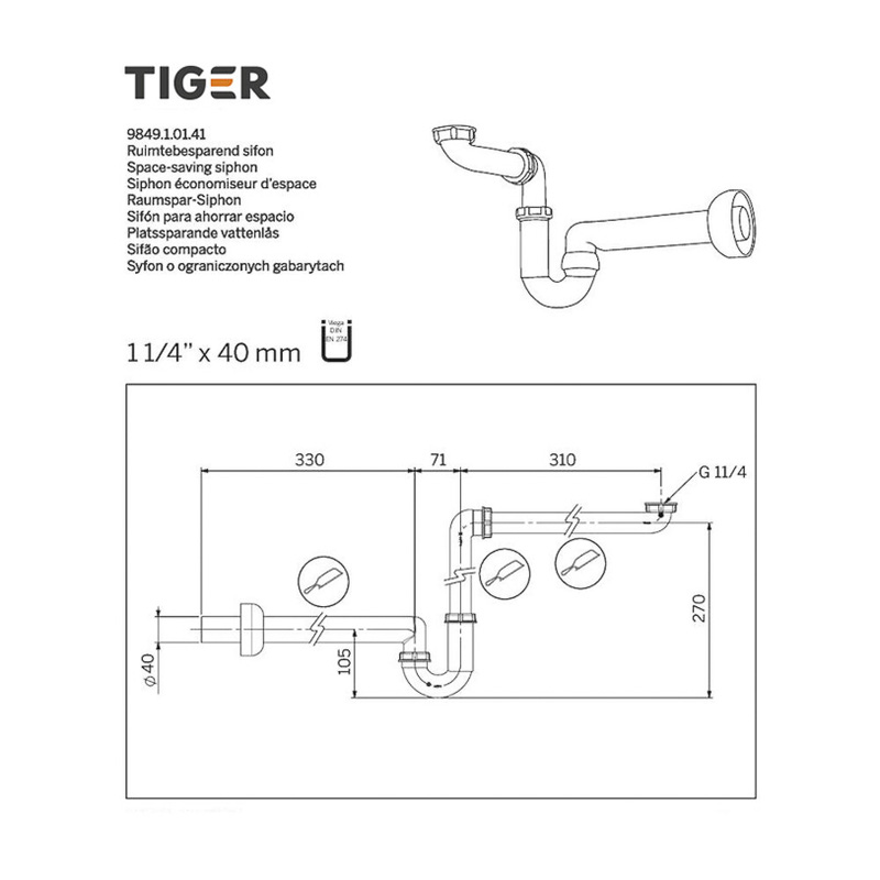 Tiger / Tiger ruimtebesparende Sifon 5/4'' ø 40mm