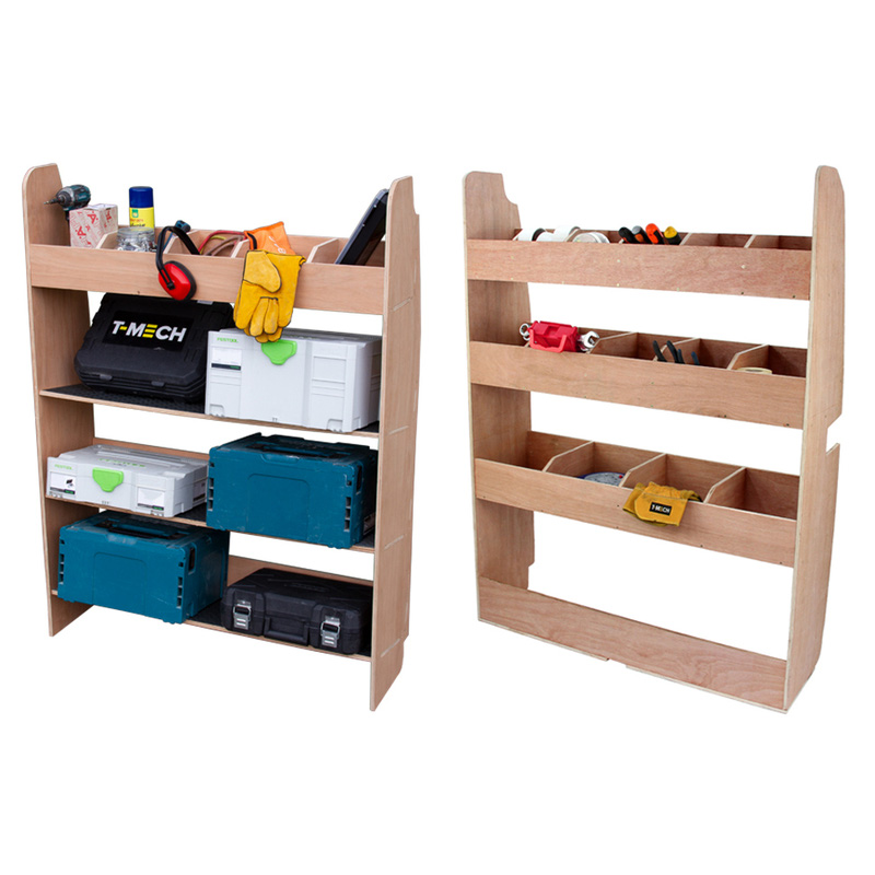 Monstershop / Bedrijfswageninrichting hout met vakken en planken