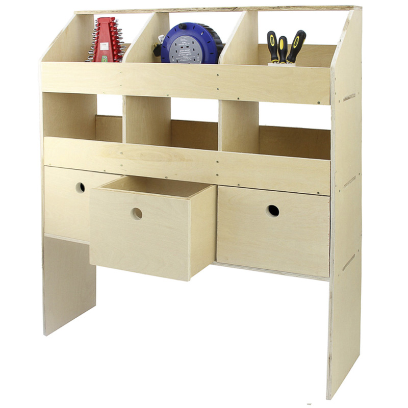 Monstershop / Bedrijfswageninrichting hout met vakken en lades